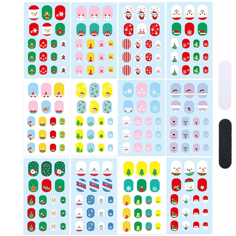 IHUKEIT Christmas Nail Stickers Full Nail Wraps for Kids Self Adhesive Xmas Nail Polish Strips for Kids Girls Nail Art Decoration Fun Cute Holiday Full Nail Decals Recommend for Age 8 and Older (Pack of 12) - Image 1